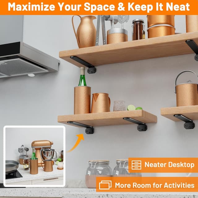 Detalle de HUAEU Heavy Duty L-Shaped Shelf Brackets (10cm) – 4 Pack Black, Wall-Mounted Supports