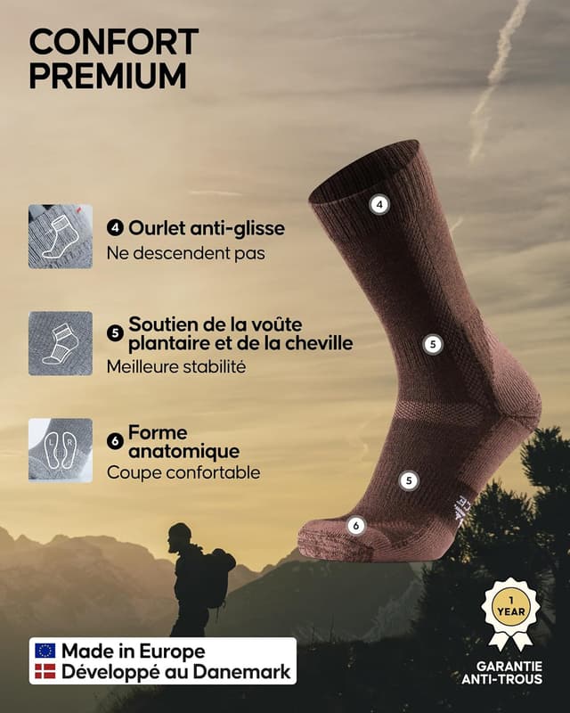 Detalle de DANISH ENDURANCE Chaussettes de randonnée en laine mérinos (lot de 3) – chaudes, rembourrées anti-ampoules