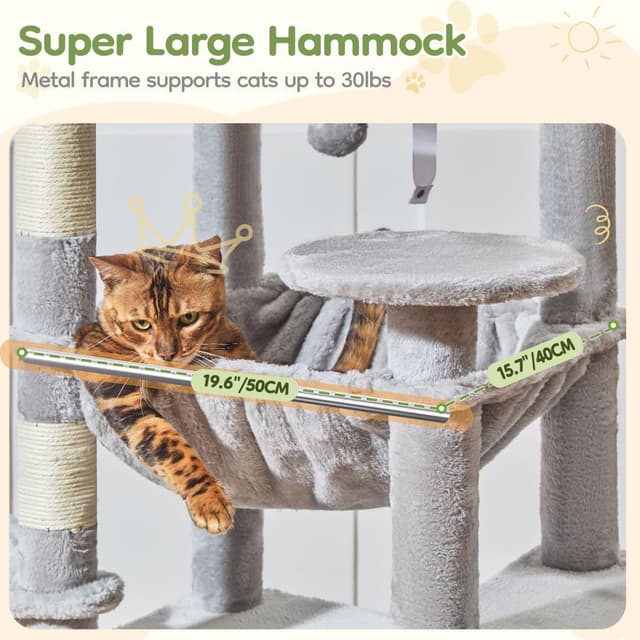 Detalle de Taoqimiao 183cm Cat Tree (MS045W) with Big Cat Platforms, Scratching Posts & Metal Hammock