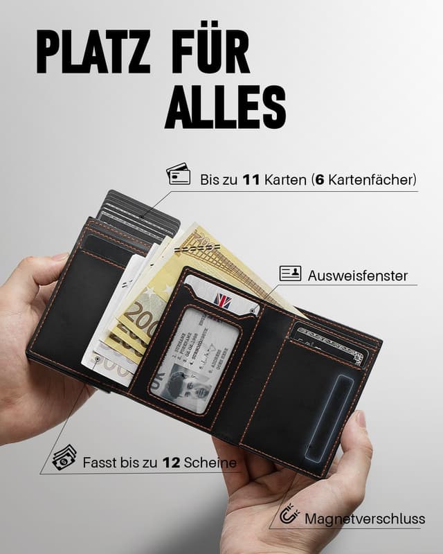 Detalle de MYSHION Herren-Geldbörse mit Münzfach, Sichtfenster & RFID-Schutz – Smart Wallet im Dreifach-Falt-Format (Schwarz Orange)