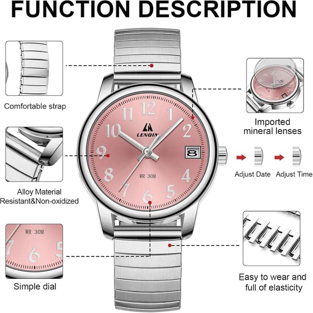 Detalle de LN LENQIN orologio da donna analogico al quarzo in acciaio con cinturino espandibile (impermeabile 3 ATM)