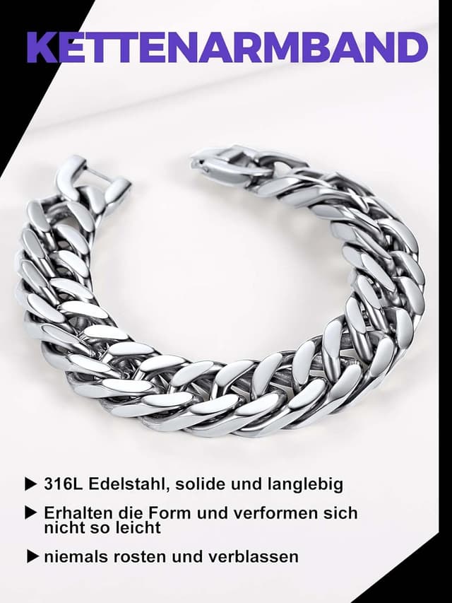 Detalle de Richsteel Herrenarmband im Cuban-Gliederstil aus 316L-Edelstahl – silber, schwarz oder vergoldet (8/12/17 mm breit)