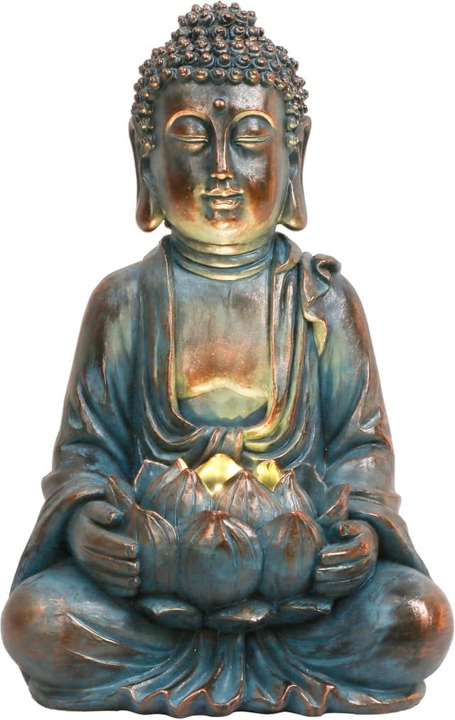 Detalle de TERESA'S COLLECTIONS Bouddha de jardin zen avec lumière solaire (statue assise, résine imperméable) 18 cm