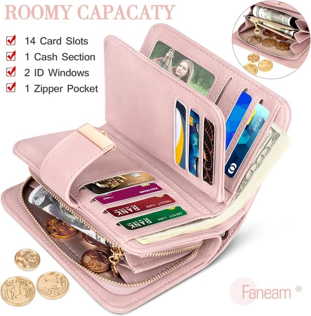 Detalle 2 de Faneam Damen-Geldbörse aus Kalbsleder mit RFID-Schutz, 14 Kartenfächer & Reißverschluss-Münzfach