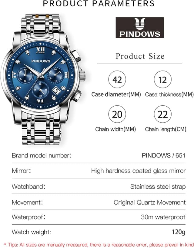 Detalle 2 de PINDOWS Herrenuhr Luxus Quarz-Analog mit Datumsanzeige und großem Ziffernblatt