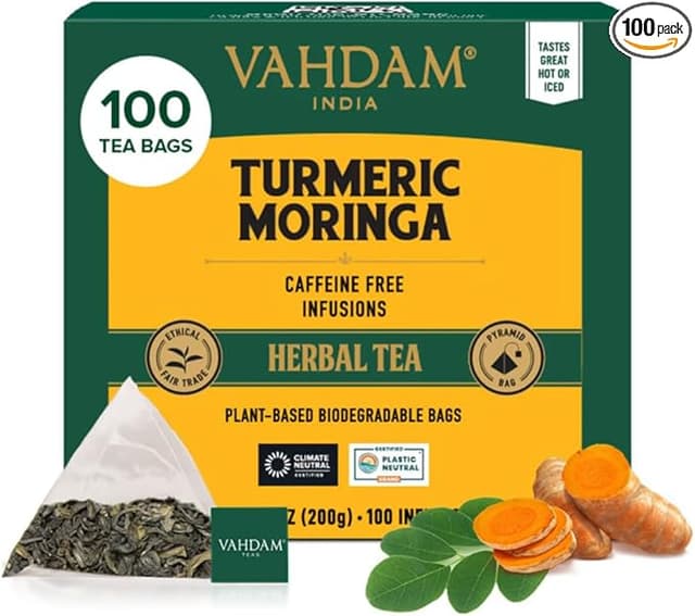 Imagen de VAHDAM Té Herbal Cúrcuma y Moringa 🌿 - 100 Bolsitas Piramidales en OfertitasTOP