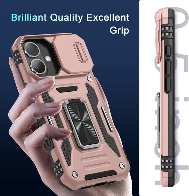 Thumbnail 6 de DEERLAMN iPhone 16 Armor Case with Sliding Camera Cover + Rotating Ring Kickstand (2 Pack Screen Protectors) – Rose Gold
