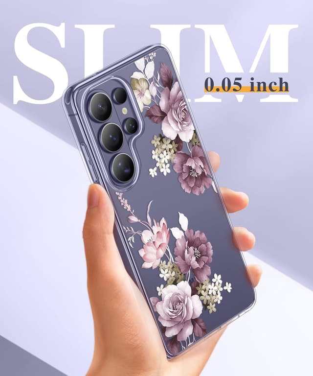 Detalle de GVIEWIN Clear Floral Slim Shockproof Case for Samsung Galaxy S26 Ultra (6.9") — Includes Screen & Camera Lens Protectors