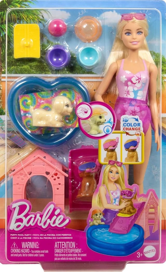 Thumbnail 6 de Barbie Piscina dei Cuccioli (JBF35) set con effetto cambia colore, scivolo e bambola inclusa