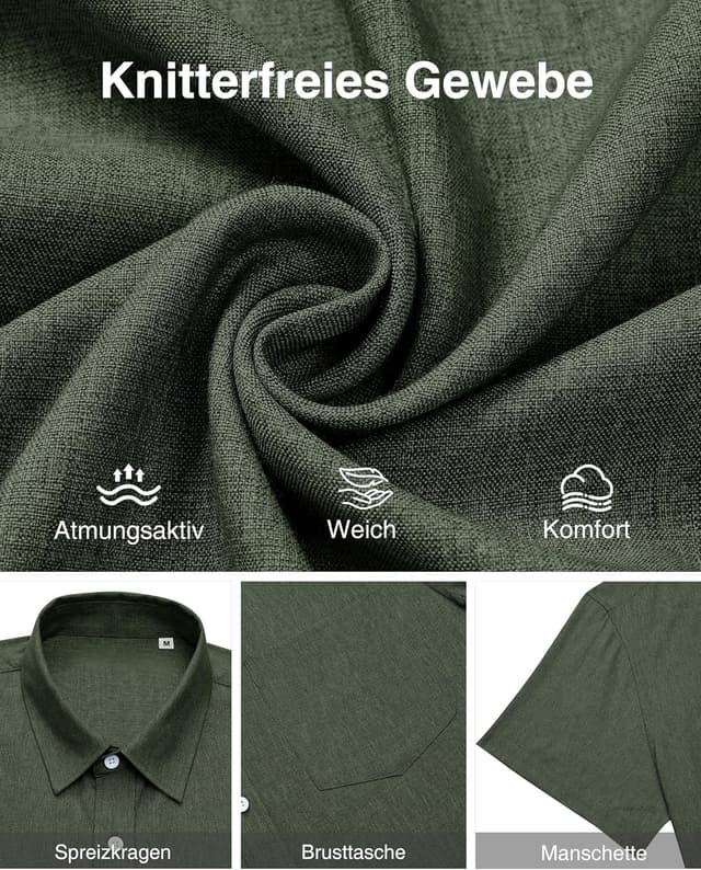 Detalle de J.VER Leinenhemd Herren Kruzarm Regular Fit – leichtes Sommerhemd mit Tasche (70% Rayon/30% Leinen)