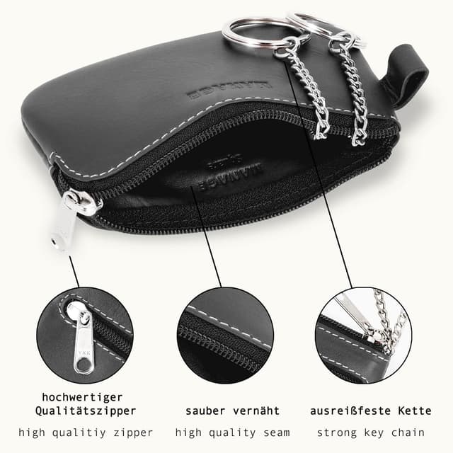 Detalle de Schlüsseletui von MANAGE mit 2 Reißverschlussfächern aus echtem Leder für Damen und Herren