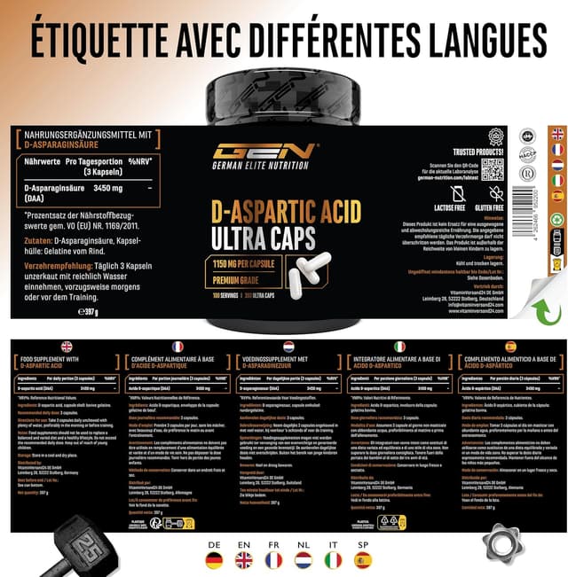 Detalle de D-Acide Aspartique DAA Ultra Caps – 300 gélules dosées à 1150 mg (DAA) – sans additifs indésirables