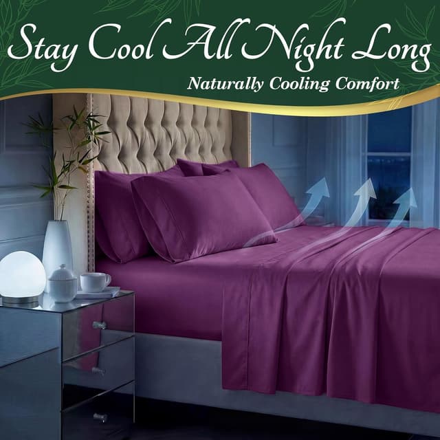 Detalle de DECOLURE 100% Viscose Derived from Bamboo Queen Sheets Set (Purple) – 6-Piece, Deep 17" Pockets