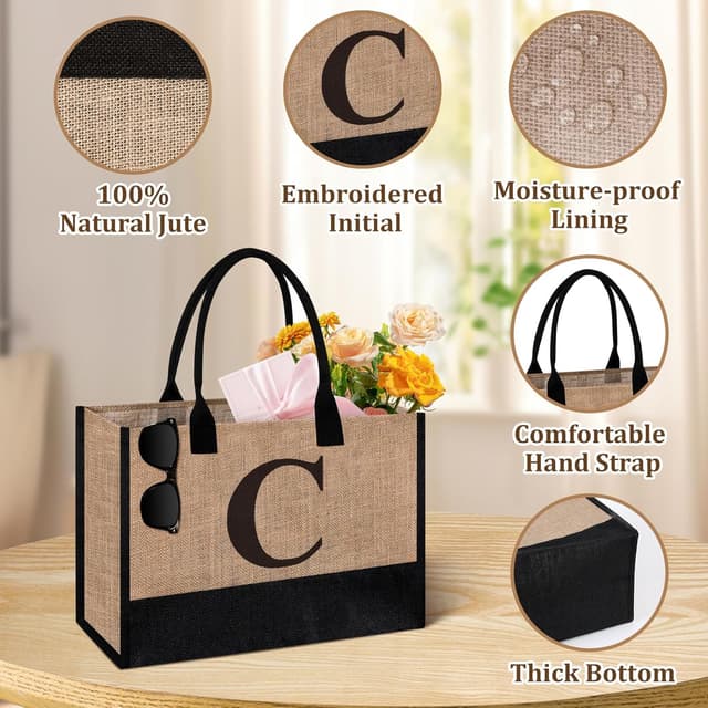 Detalle de Initial Jute Tote Bag & Makeup Bag Gift Set for Women – Personalised Two-Piece Tote and Pouch