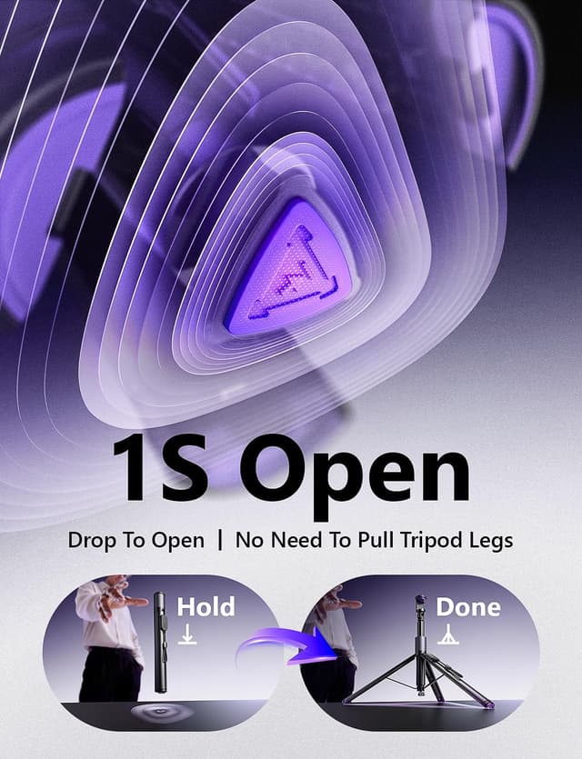 Detalle 2 de LISEN 67" Phone Tripod for iPhone & Android with Self-Deploying Selfie Stick, Remote, and 1/4-20 Thread