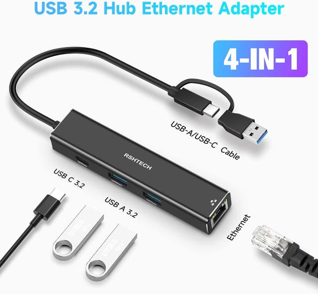 Detalle 2 de RSHTECH USB-C Hub with Ethernet Adapter 4‑Port USB 3.2 Data Hub