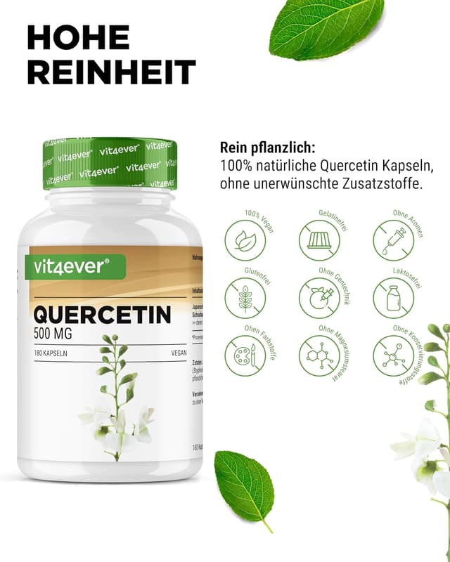 Detalle de vit4ever Quercetin 500 mg – 180 Kapseln (6-Monatsvorrat) mit 15:1 Schnurbaum-Blütenextrakt, vegan