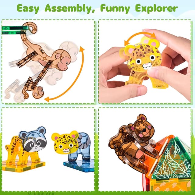 Detalle 2 de Magnetic Tiles for Kids 62PCS set with 3D animals & forest theme (UKCA certified) – STEM magnetic building blocks