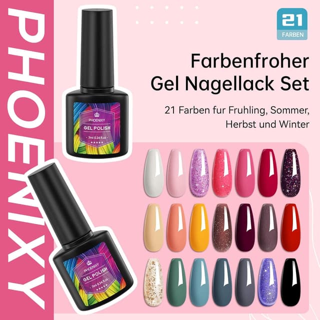 Detalle 2 de Phoenixy UV Nagellack-Set (24-teilig) mit 21 Farben, Base & glänzend/matt Decklack