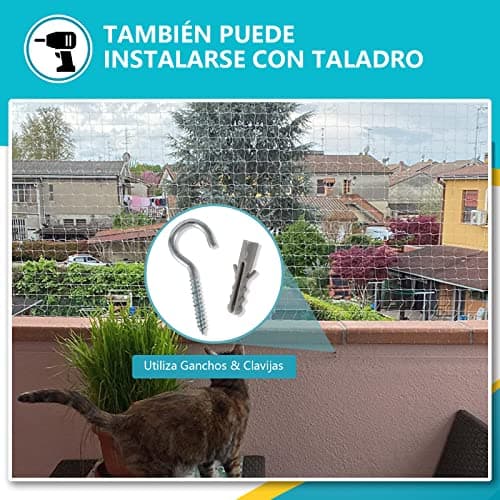 Detalle de NieKilig red para gatos transparente 8x3 m (sin taladro) para terraza, balcones y ventanas