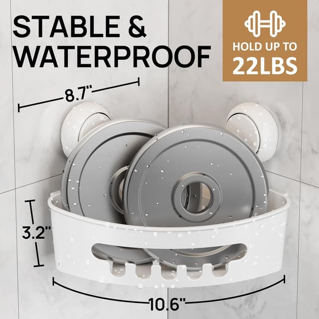 Detalle de LEVERLOC Corner Shower Caddy Suction Cup 2 Pack (Triangle Shelf, No Drilling) – White