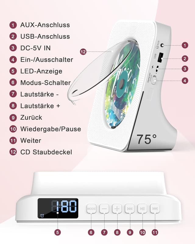 Detalle de Greadio tragbarer CD-Player mit Bluetooth 5.0, Fernbedienung und FM-Radio (AUX/USB, Kopfhörerbuchse)