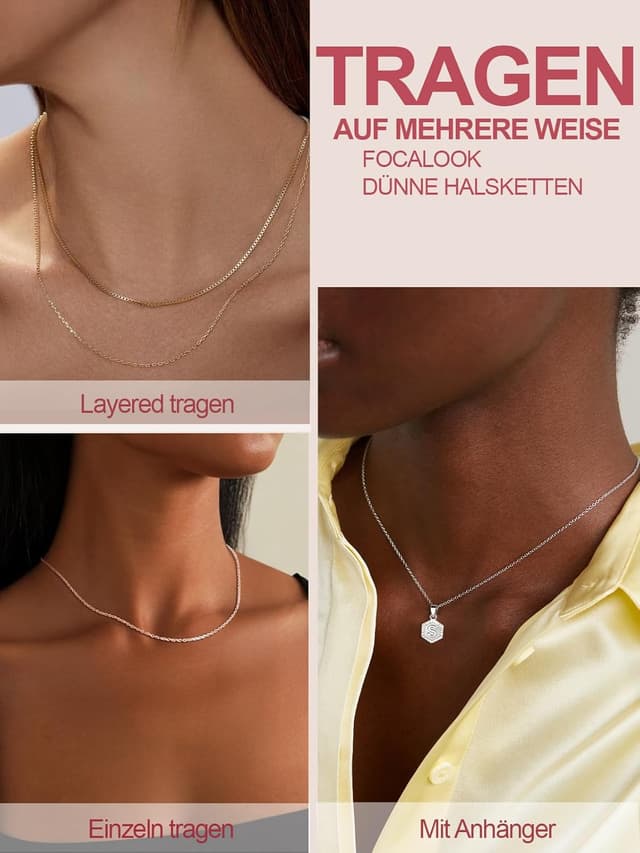 Detalle 2 de FOCALOOK Edelstahl-Rolokette für Damen (316L) 1,4/2 mm – Ersatzkette für Anhänger, Längen 35–75 cm, silber/gold/roségold/schwarz