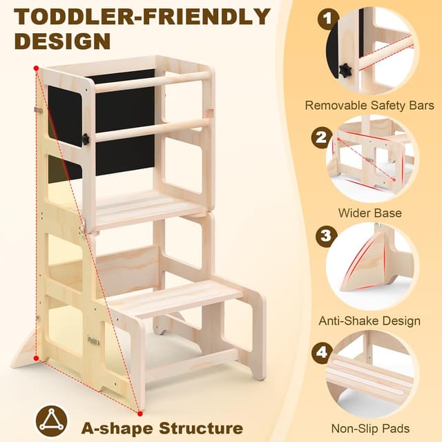 Detalle de Toddler Kitchen Step Stool 4-in-1 Foldable Standing Tower with Blackboard (Ages 18 Months to 4 Years)