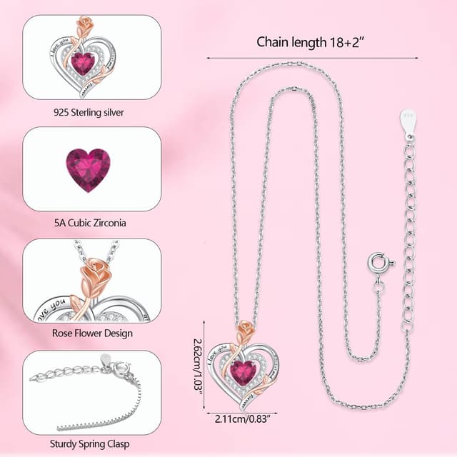 Detalle 2 de LAVUMO Halskette für Damen aus 925 Silber mit Doppel-Herz, Rosenblume & Geburtsstein