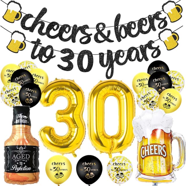 Detalle de 30th Birthday Decorations set with black & gold “cheers to 30 years” banner and 30 foil number balloons