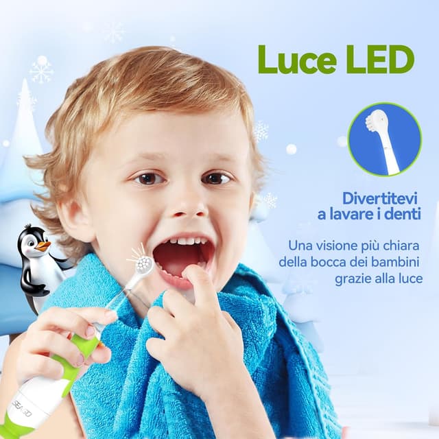 Thumbnail 6 de Spazzolino Elettrico Bambini 0-6 anni a forma di pinguino con LED, timer 2 minuti e 4 testine (base a ventosa) 513 Blu/Verde