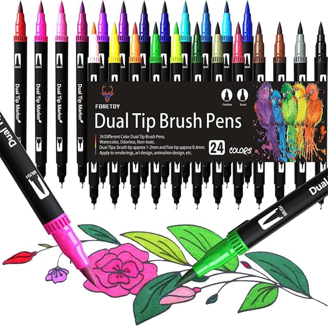 Detalle de FORETOY Dual Brush Pen Set (24 Farben) – mit Fineliner-Spitze 0,4 mm und Pinselspitze 1–2 mm