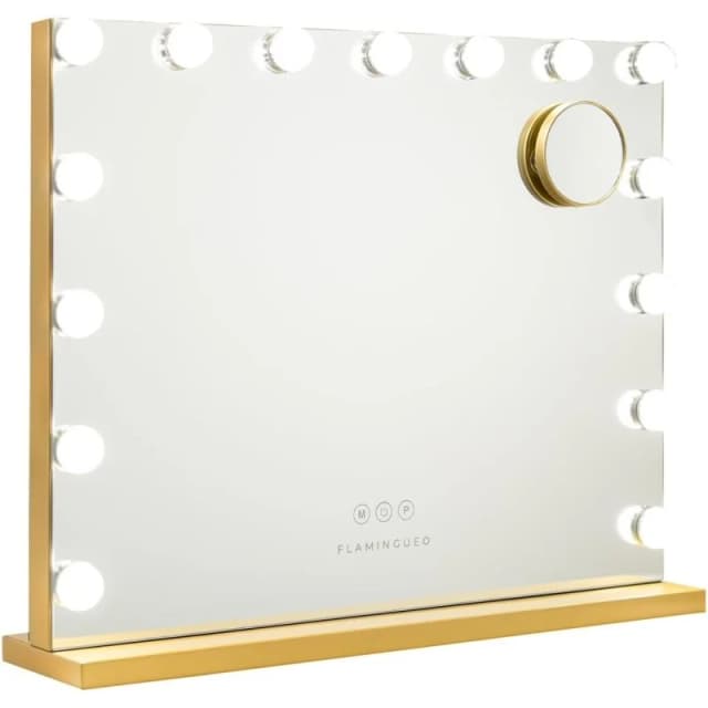 Detalle de flamingueo Espejo de maquillaje con luz Kim, 15 bombillas LED, 3 modos y control táctil dorado (con aumento x5)