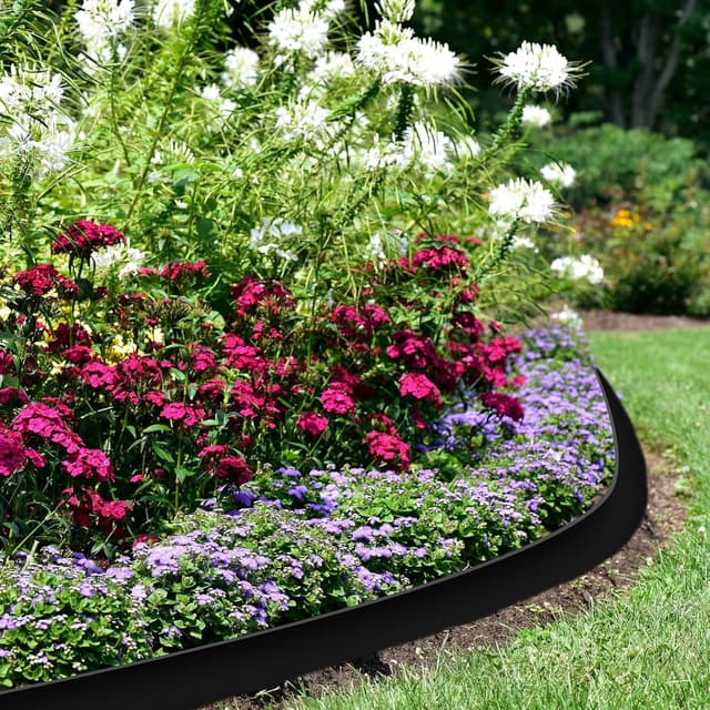 Detalle de Newthinking Rasenkante aus Kunststoff 10 m (5 cm breit) – unsichtbare Rasengrenzen mit 50 Erdnägeln, schwarz