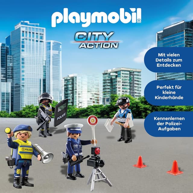 Detalle de PLAYMOBIL Figurenset Polizei – Rollen-Spiel mit 4 Figuren für Abenteuer im Polizeialltag ab 4 Jahren