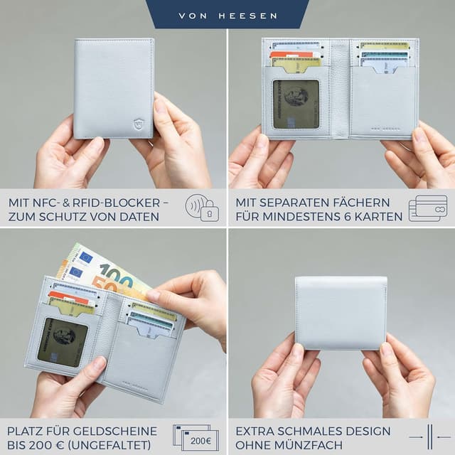 Detalle 2 de VON HEESEN Leder-Geldbörse für Herren & Damen mit (RFID-)Schutz – Hellblau, ohne Münzfach