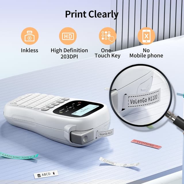 Detalle de VolenGo H1100 Label Maker with 12mm Laminated Tape, Backlit LCD and Cable QWERTY Keyboard (White)