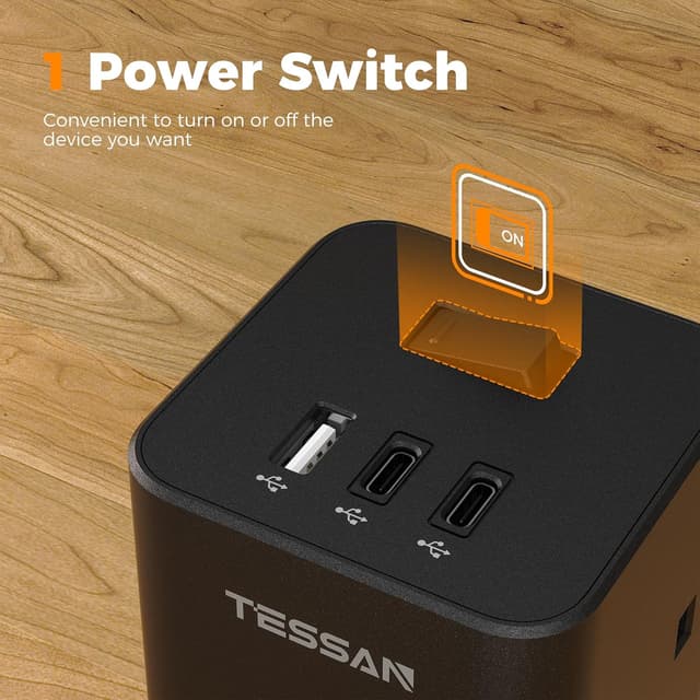 Detalle de TESSAN Tower Black Extension Lead with 2 USB-C slots, 8-way surge protected power strip (2m)