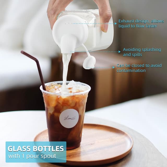 Detalle de Absovetu 4 Pack Glass Juice Bottles with Airtight Lids, 500 ml (16oz) reusable glass milk and drink containers