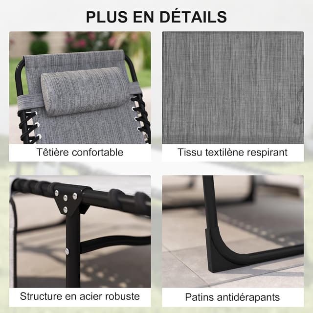 Thumbnail 4 de Outsunny Chaise Longue Pliable Gris Bain de Soleil