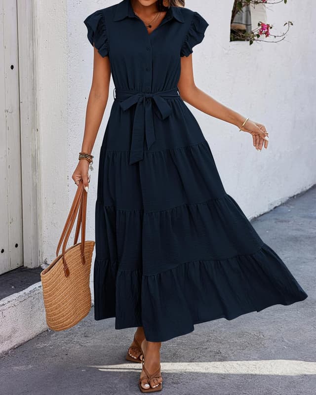 Thumbnail 6 de dowerme Women’s Summer Boho Maxi Dress with Ruffle Cap Sleeves, V-Neck, Button Front & Pockets (2026)