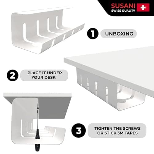 Thumbnail 6 de SUSANI Kabelkanal Schreibtisch (Weiß) – extra langes 1er Set für Kabelmanagement am Arbeitsplatz, inkl. Zubehör