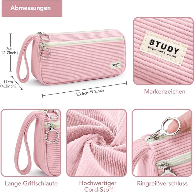 Detalle de KALIDI corduroy large pencil case with hand strap and 2 zip compartments