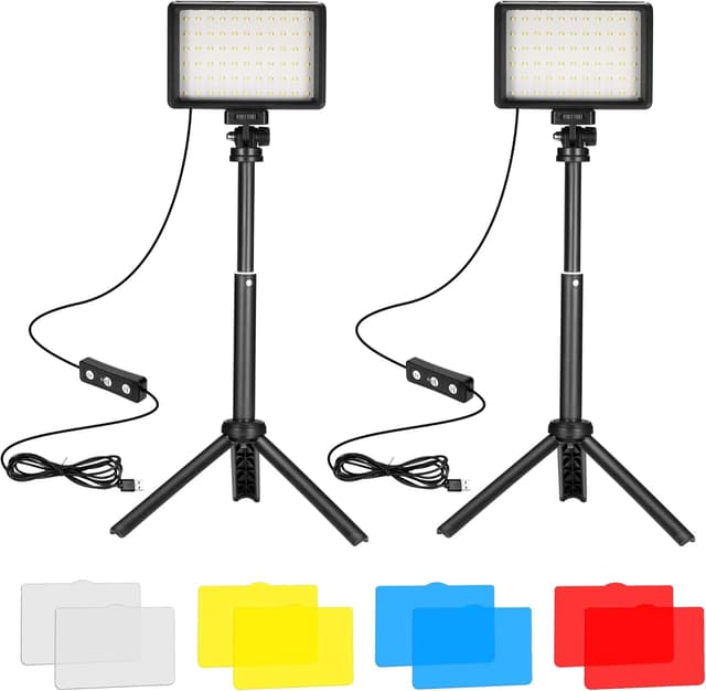 Detalle de Ci-Fotto LED Video Licht 2‑Pack (dimmbar, 5600K, USB) mit Ministativ und Farbfiltern