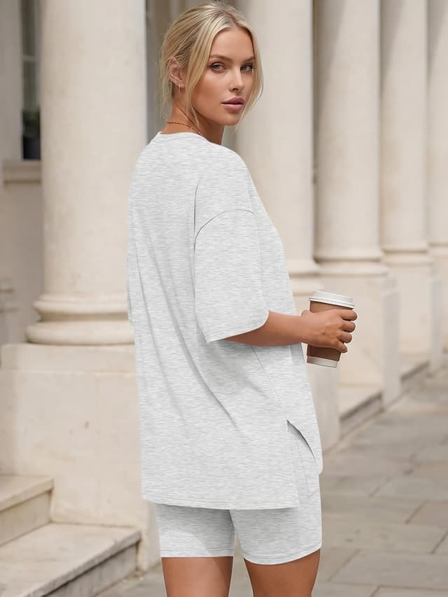 Detalle de LILLUSORY Women’s Lounge Sets: Rayon-Spandex Shorts 2-Piece Pajamas (Relaxed Tee + Biker Shorts)