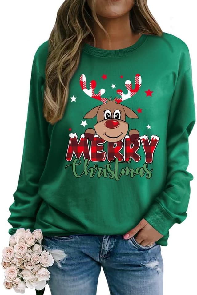 Thumbnail 6 de Yihelian Damen-Sweatshirt mit Rentier-Elch-Motiv aus Baumwolle – weiches Rundhals-Shirt für Winter & Weihnachten