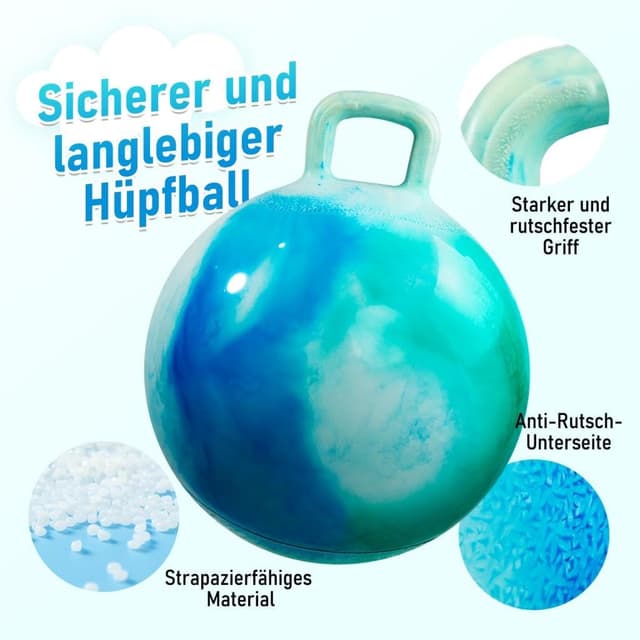 Detalle 2 de U&C Planet Hüpfball (Aufblasbarer Hopperball) 50 cm mit Pumpe, bis 100 kg – für Kinder 5–9, Wolke blau
