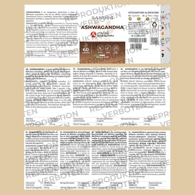 Detalle de Bandini® Ashwagandha (Withania somnifera) KSM-66® – patentierter Wurzelextrakt, 500 mg pro Kapsel, 60 Kapseln
