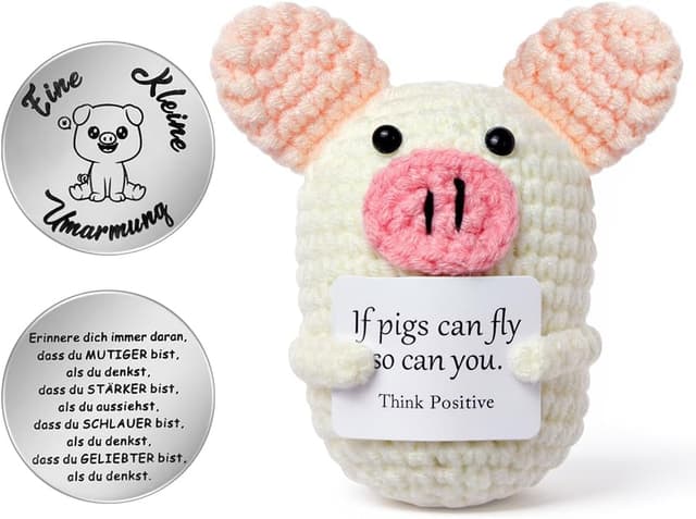 Detalle de Aolso Pocket Hug Maiale Positivo: mini bambola lavorata a maglia con biglietto e moneta