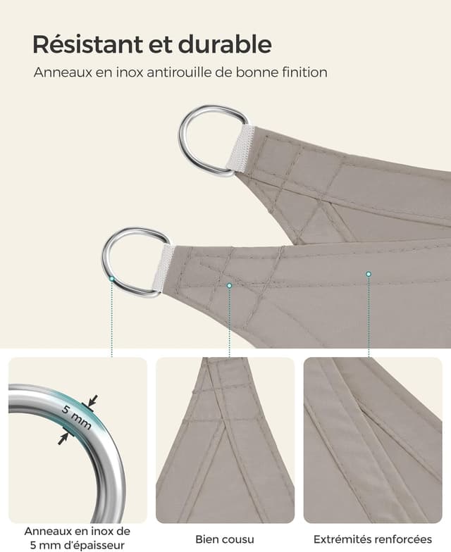 Detalle 2 de SONGMICS Voile d’ombrage rectangulaire 3 x 5 m GSH35TP – taupe, hydrofuge et anti-UV